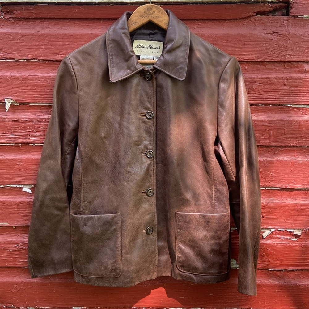 Eddie Bauer Vintage Button Front Brown Leather Jacket Women's Size S - Picture 4 of 10